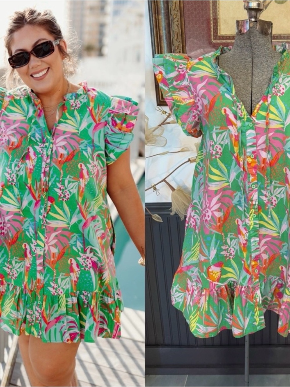 Michelle McDowell Tropical Green Floral flutter ruffle Button-Front summer Dress